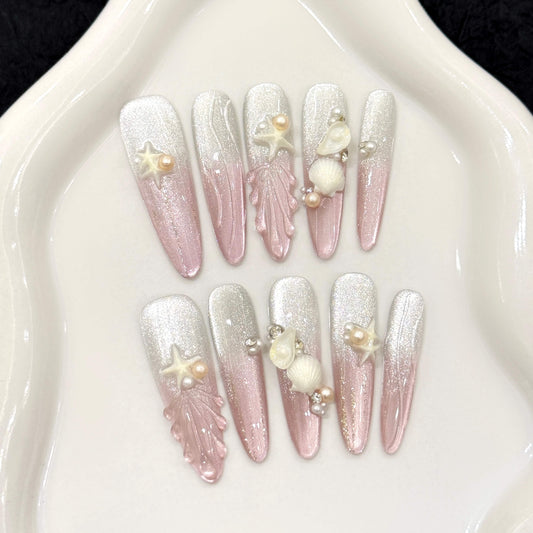マーメイドシェル×ピンクグラデ|海辺のきらめきネイルチップ