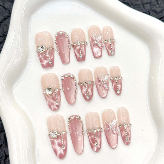 ARUVELA【蝶の煌めき】透明感あふれる氷感オーロラネイル｜爆光×美白効果のキャッツアイ｜ハンドメイドつけ爪