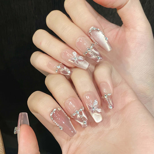 ARUVELA【蝶の煌めき】透明感あふれる氷感オーロラネイル｜爆光×美白効果のキャッツアイ｜ハンドメイドつけ爪
