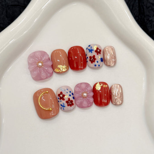 レトロ可愛い小花柄×3Dパープルフラワー｜遊び心たっぷりのミックスデザインネイル
