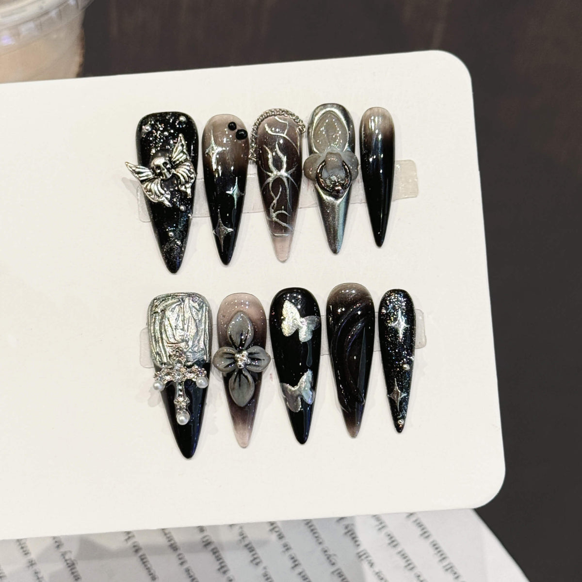 Black & Silver 3D Flower Long Point Nail Tips | Midnight Bloom