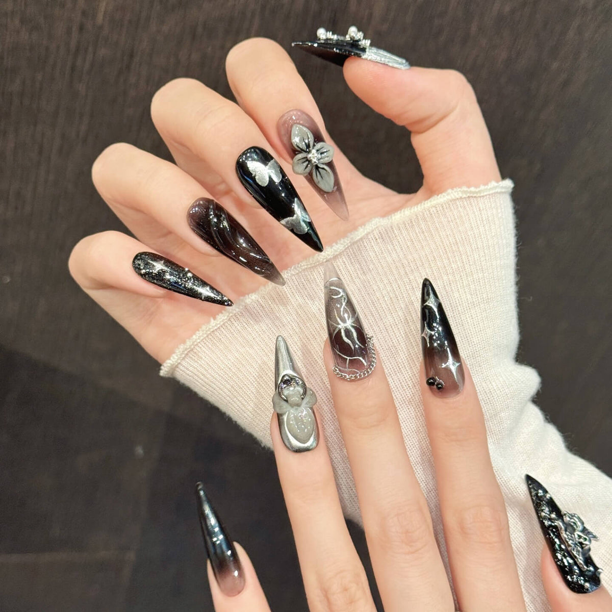 Black & Silver 3D Flower Long Point Nail Tips | Midnight Bloom