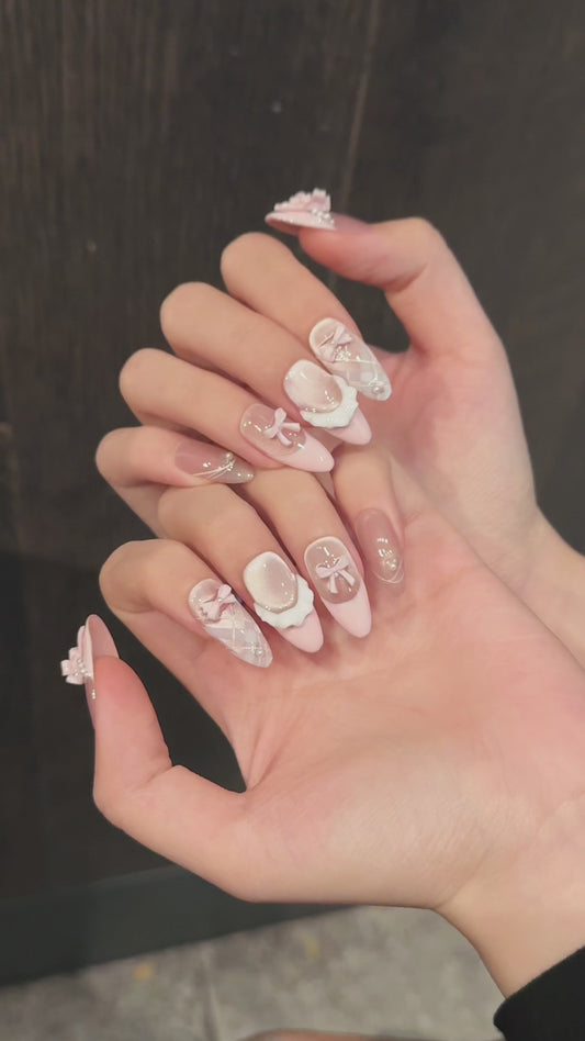 量産型ガーリー×ピンク｜リボン＆レースのゆめかわネイルチップ